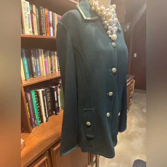 St. John Collection Green Blazer with Logo Buttons Leather Trim - Picture 3 of 8